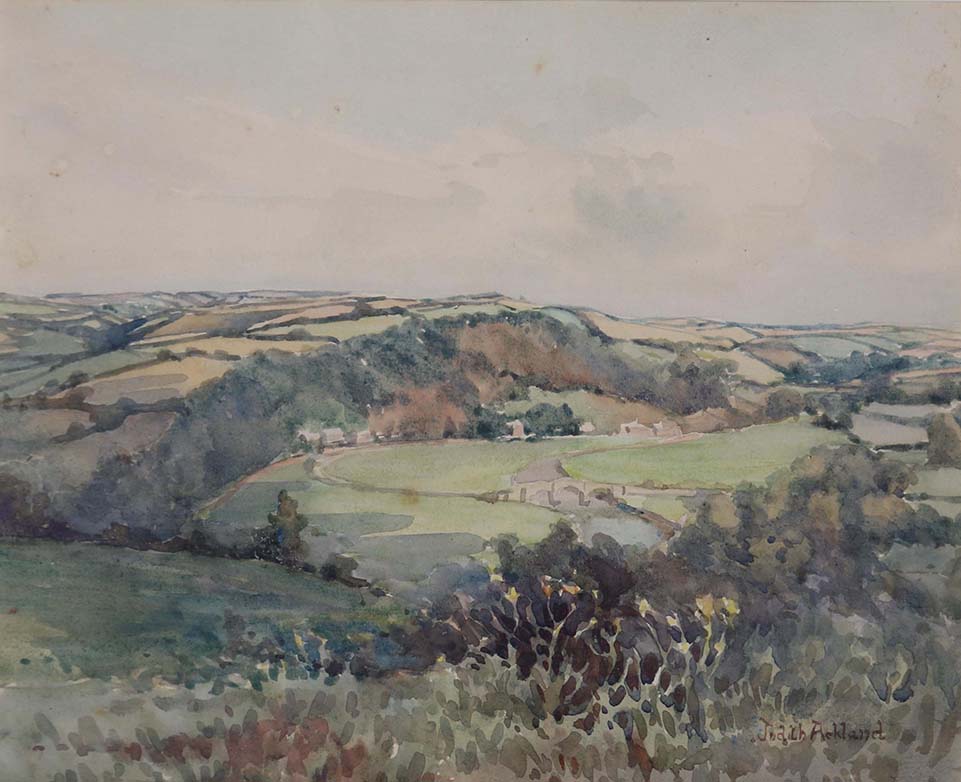 Watercolour of countyside fields with a river and bridge over