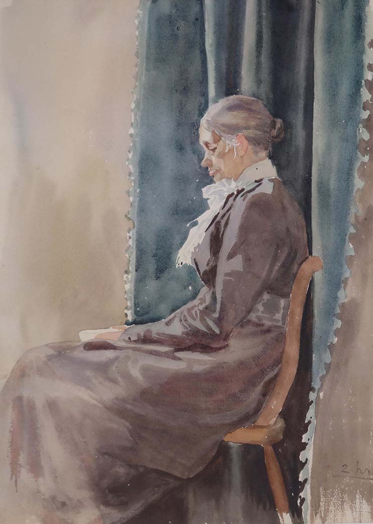 Watercolour of a woman sat on a chair reading a book