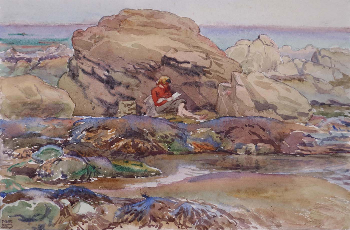 One of Mary Stella Edwards paintings of the shoreline with a woman sat reading on rocks
