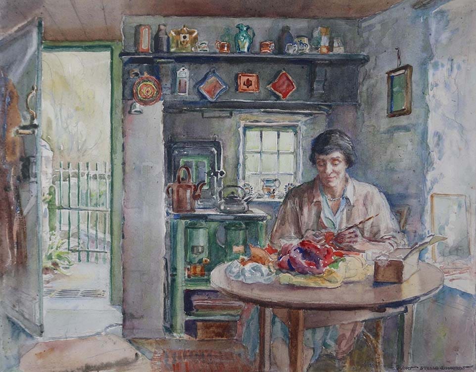 One of Mary Stella Edwards paintings of a woman sat at a table in the kitchen doing craftwork