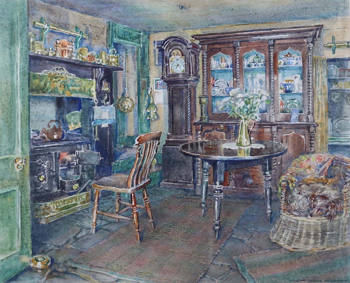 watercolour of the interior of a cottage with a chair in front of a woodburner and a sleeping dog