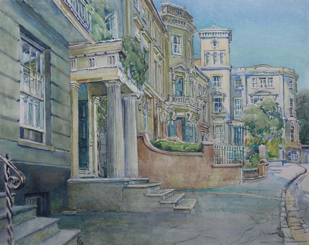 watercolour of a street with ornate buildings