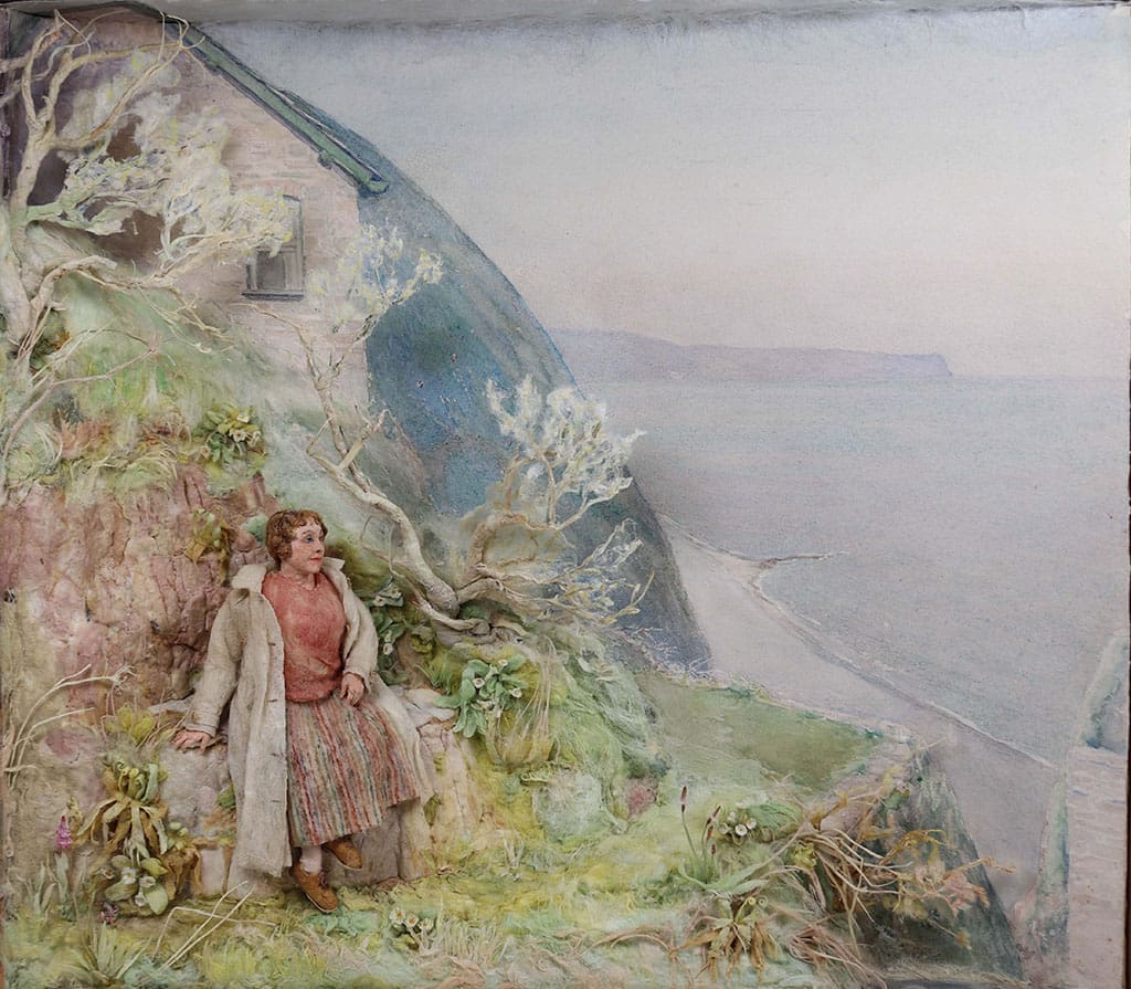 Watercolour of a woman sat on a rock on the cliff side admiring the view