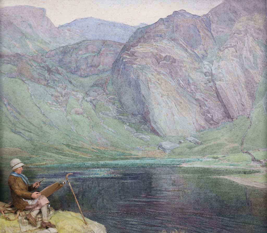 Watercolour of a woman sat painting on the cliff side