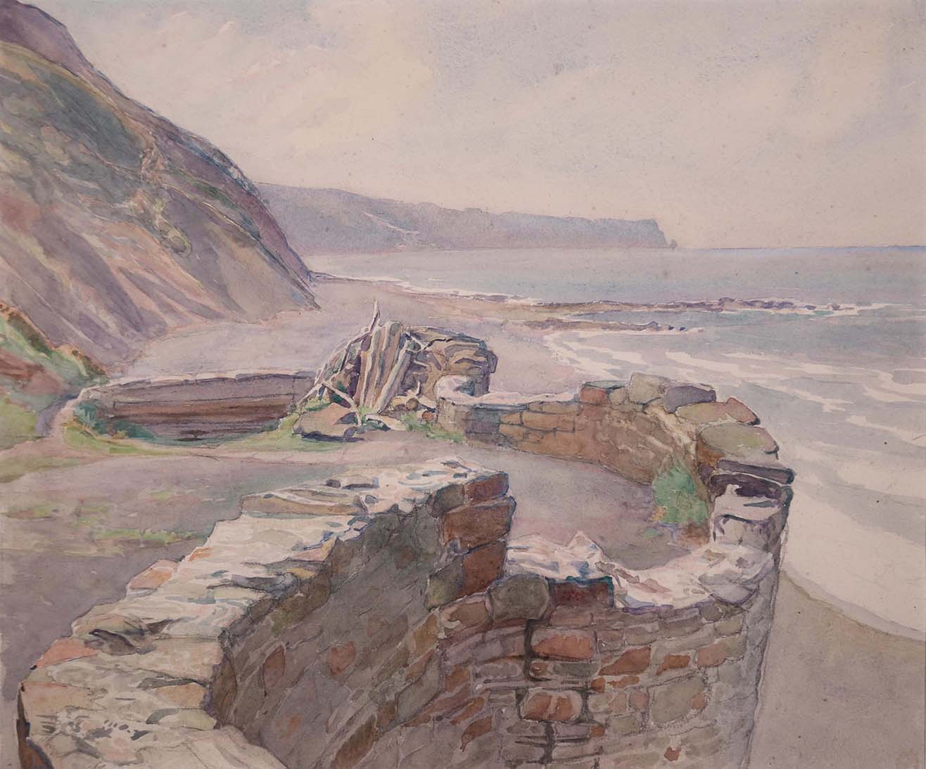watercolour of a stone wall at the borrom of the cliffs at the shoreline