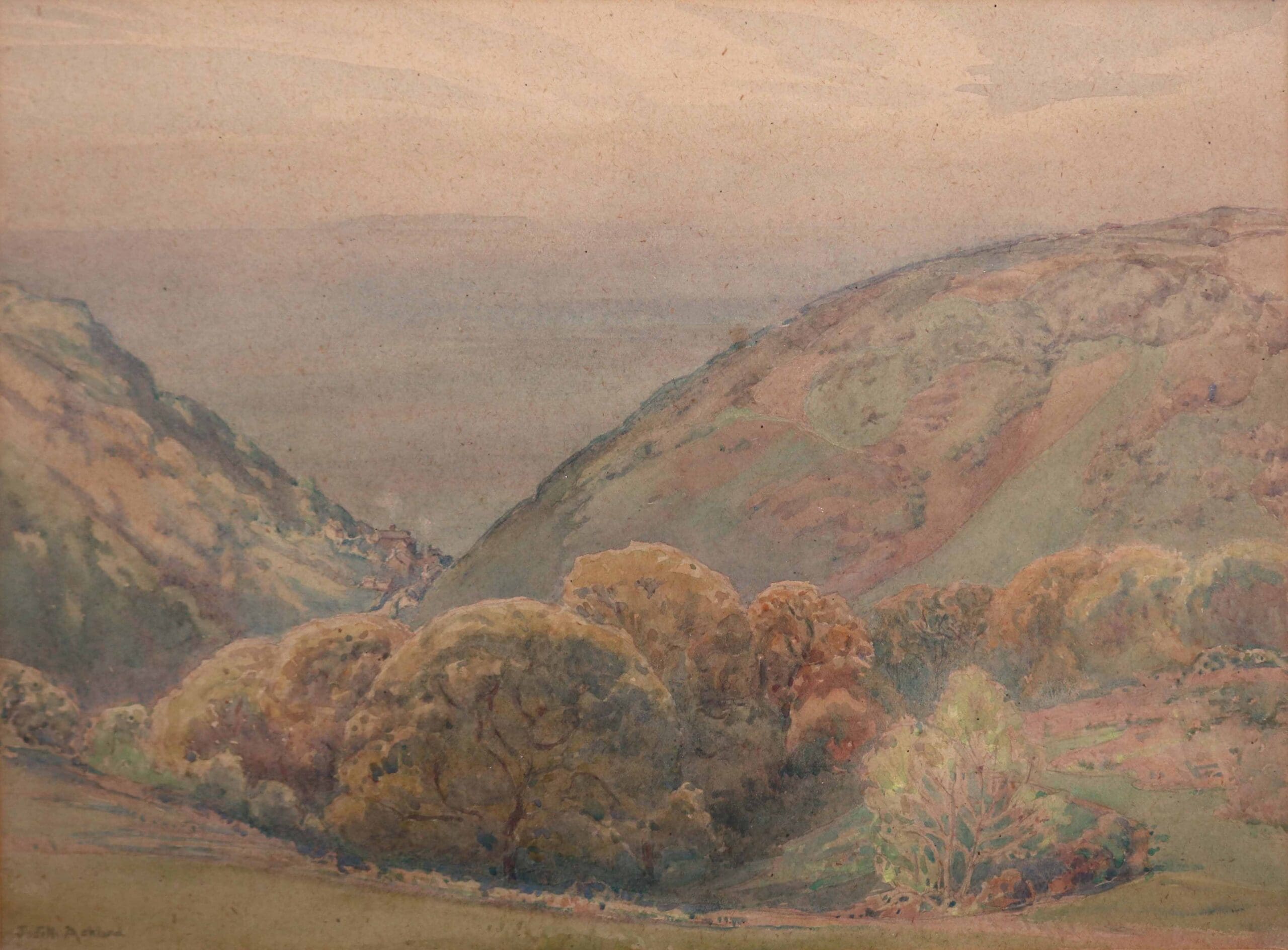 Judith Ackland's watercolour of North Devon coastline viewed through the hills