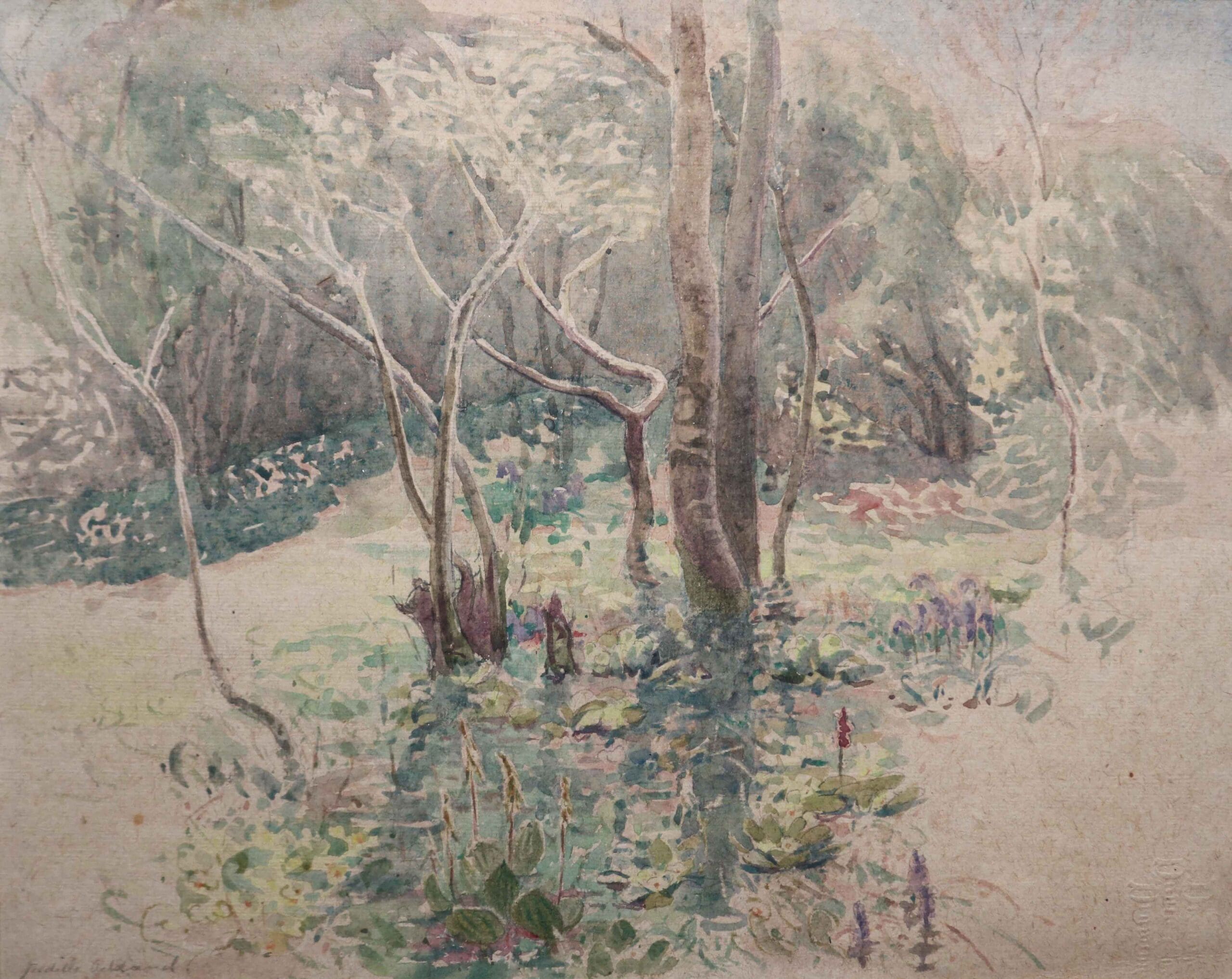Watercolour of trees on the edge of woodland