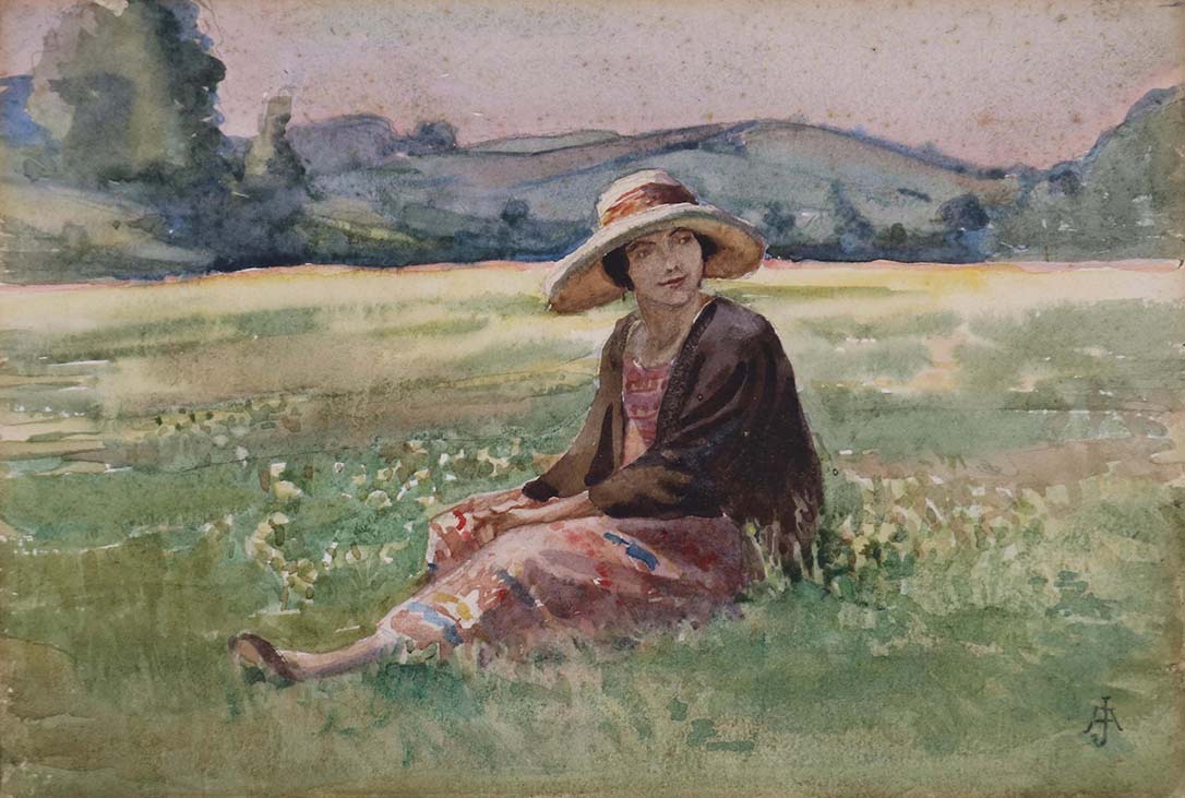 Judith Ackland's watercolour of woman sat in a field