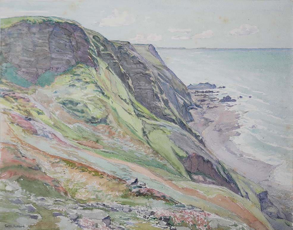 Watercolour of the view looking down the cliff to the sea