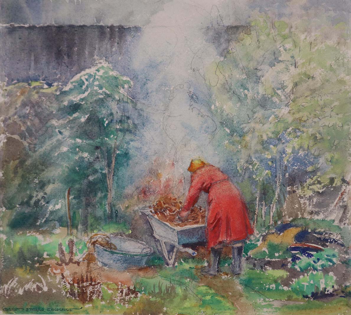 One of Mary Stella Edwards paintings - a woman leaning over a wheelbarrow having a garden fire