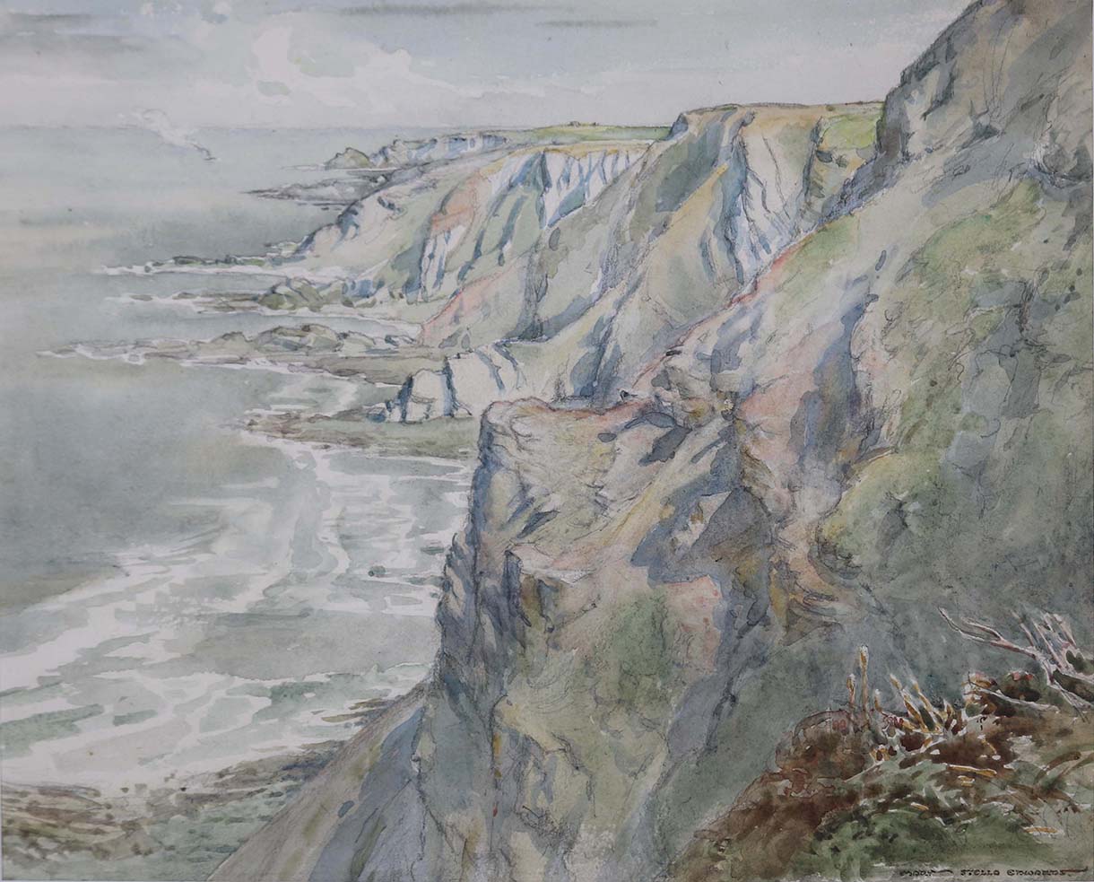 Watercolour of the shoreline and cliffs by Judith Ackland